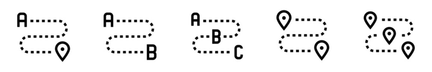Route icon set. Trajectory and path. Different location routes. Location points a,b,c. Vector illustration