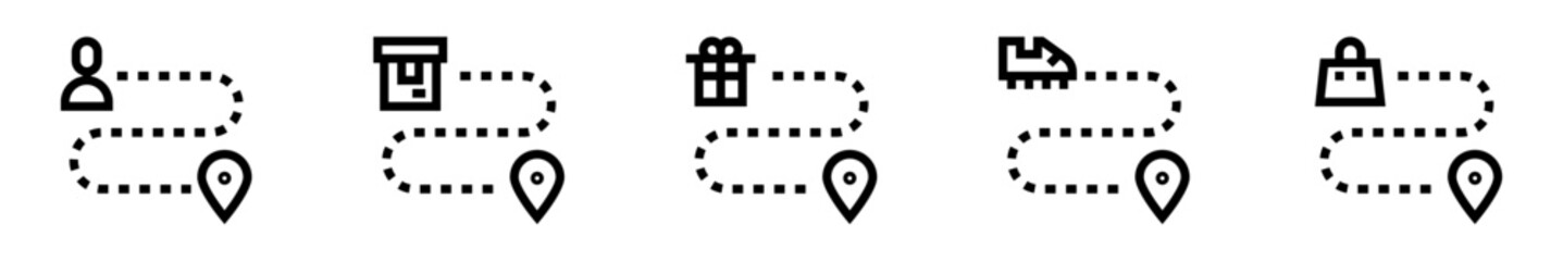 Road icon set. Path. Different types of destination routes. Person, shipping box, gift, shoe, shopping bag. Vector illustration