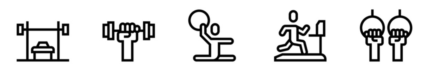 Gym icon set. Fitness and physical training. Weights, dumbbell, stretching, running, strength. Vector illustration