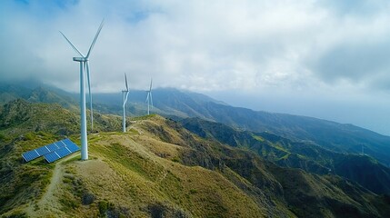 Wind turbines and solar panels located on the mountain