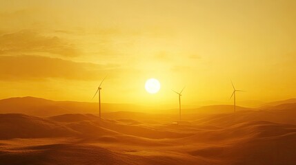 Wind turbines in a golden sunset over rolling hills, symbolizing sustainable energy, environmental harmony, clean technology
