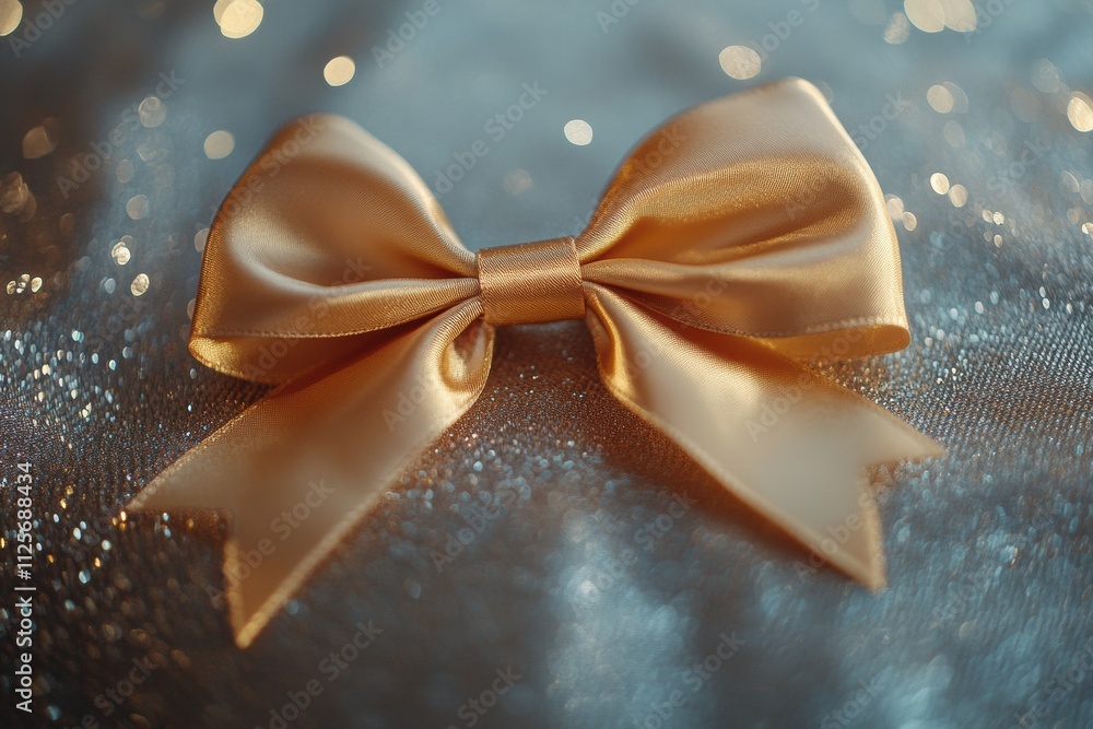 Leinwandbilder Golden ribbon tied in a beautiful bow sits on a sparkling surface, perfect for adding a festive touch to New Year decorations. Generative AI