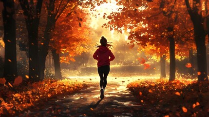 Fototapeta premium A young woman jogging through a vibrant autumn forest.