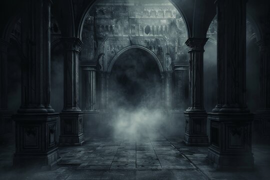 A dark, empty room with smoke and fog