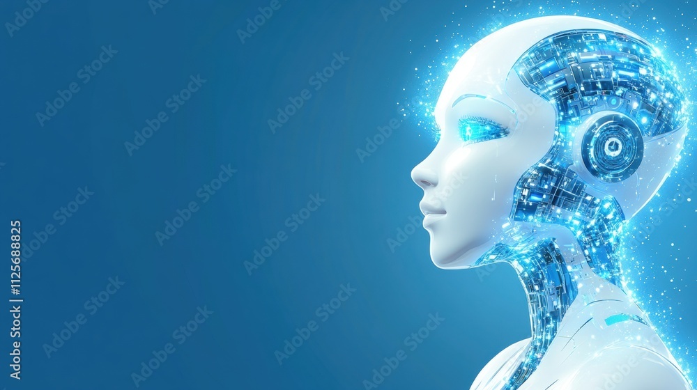 Aufkleber futuristic robot profile digital landscape concept art high-tech environment side view artificial in