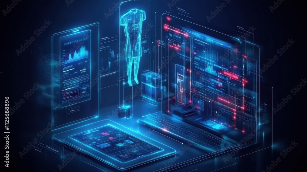 Poster innovative technology showcase health monitoring systems digital workspace futuristic environment vi