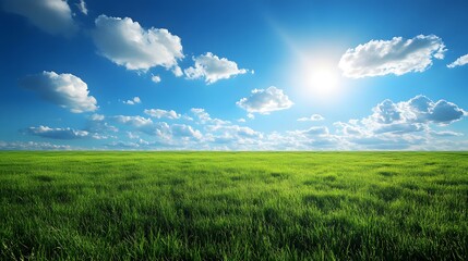 Vibrant green grass field under a bright blue sky with fluffy white clouds.