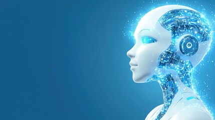 Futuristic robot profile digital landscape concept art high-tech environment side view artificial intelligence exploration