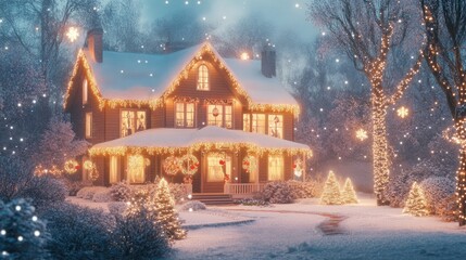 House with Christmas lights and decorations on winter night
