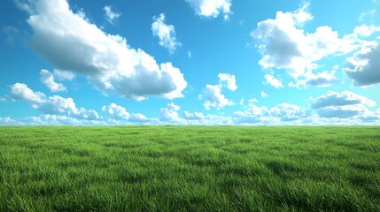 Obraz premium Vibrant green grass under a bright blue sky filled with fluffy clouds.