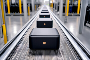 Concept of conveyor belt airport baggage with efficiency. A conveyor belt transports sleek black packages in a modern warehouse setting, showcasing efficiency in logistics and distribution.