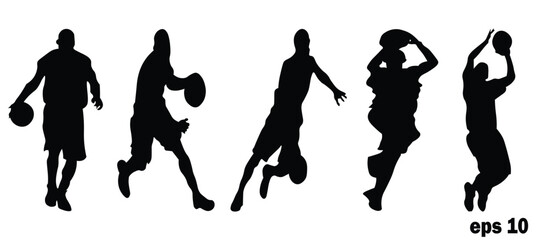 series of silhouettes of men playing basketball with different actions and poses.vector illustration.on white background,