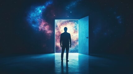 Human silhouette standing in front of open door and looking into space galaxy background. Magic portal to another world. Concept of dreams and freedom. Created with