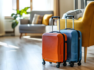 Two colorful suitcases in a cozy living room, ready for travel.