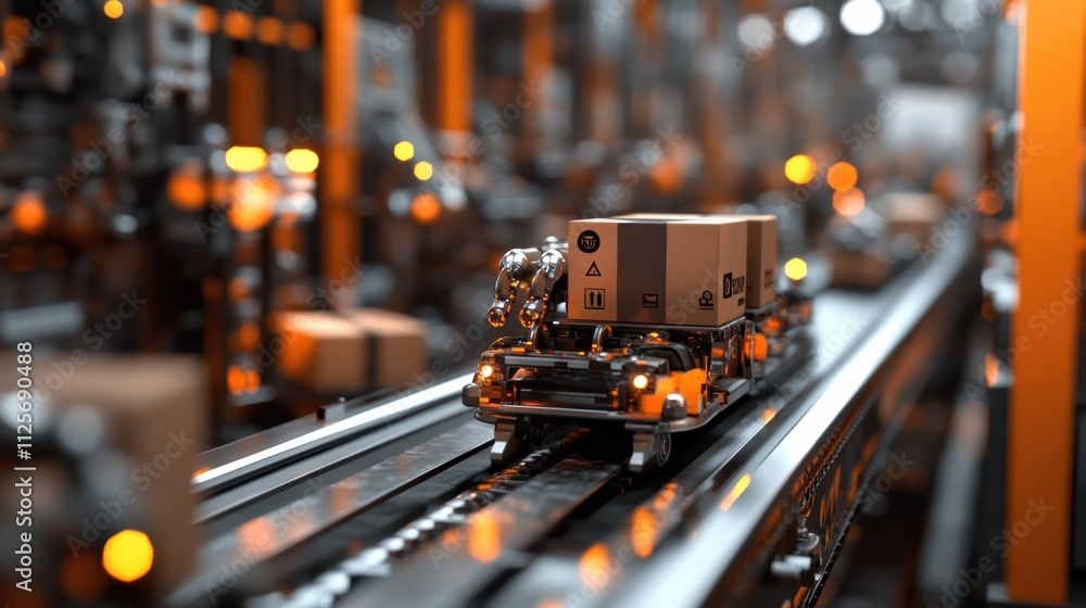 Poster automated conveyor system transporting packages warehouse industrial operations urban setting close-