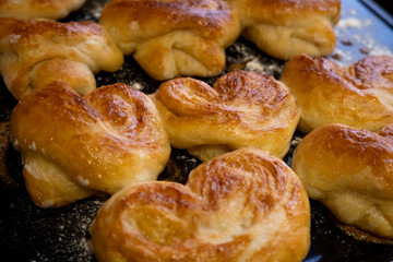 Fresh buns close-up. Homemade baked goods. Holiday baking.