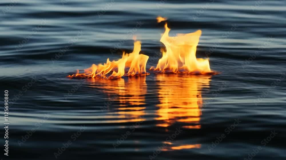 Poster Fire on water surface creating captivating reflections and contrast, nature and elements concept