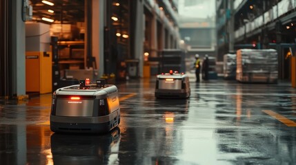 Automated robot operations in a warehouse urban environment industrial photography futuristic viewpoint for efficiency