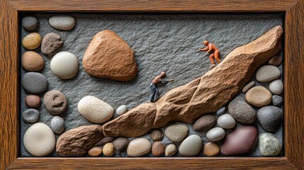 Miniature figures working on a rocky hillside, framed artwork.