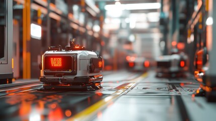 Automated delivery robots in a futuristic warehouse technology showcase industrial environment close-up view innovation concept