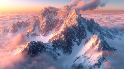 Breathtaking mountain range at sunset, shrouded in clouds and glowing warmly.