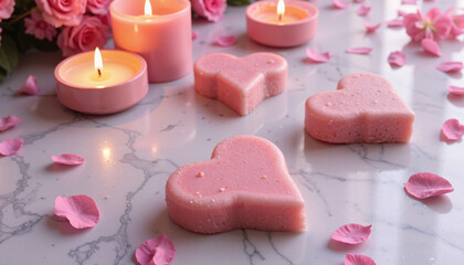 Heart-shaped bath bombs with candles and petals on marble