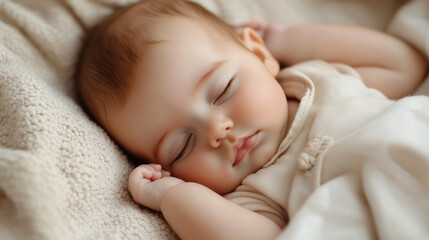 A close-up of a sleeping baby with a calm and relaxed expression