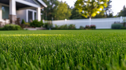 A beautifully maintained residential yard with a freshly mowed lawn
