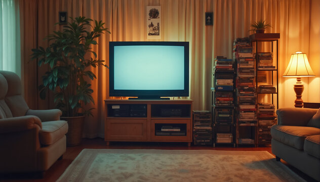 Cozy retro living room with vintage technology. Nostalgia, the 80s and 90s, or the history of media.