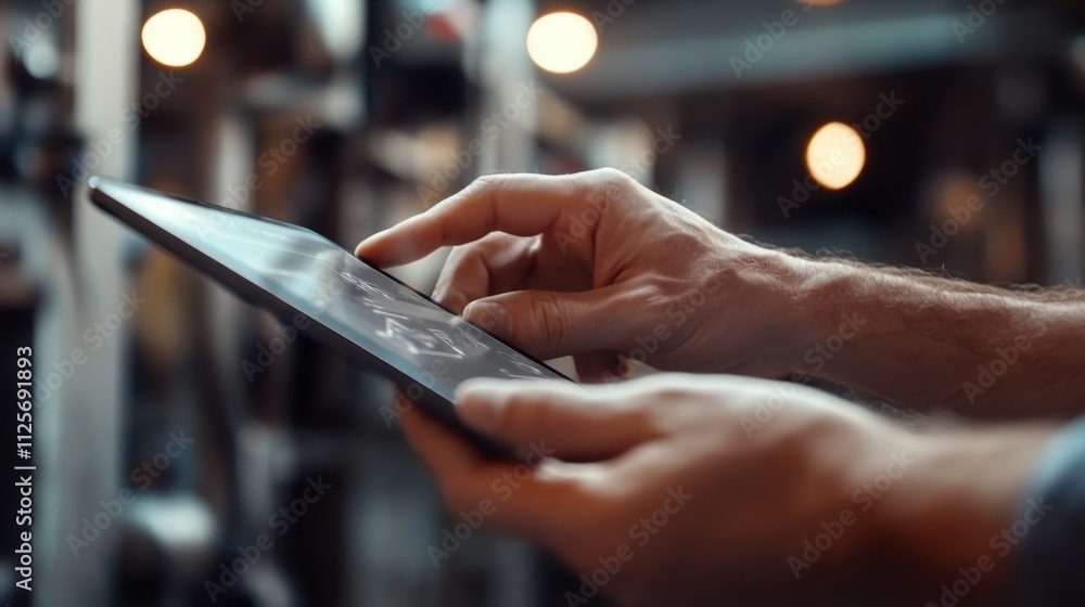 Poster engaging technology interaction modern workspace digital device usage urban environment close-up vie