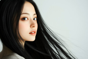 黒髪、ロングヘアの女性の横顔