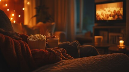 A quiet, relaxed evening scene with a person curled up in an armchair, watching a movie with popcorn and a cup of tea