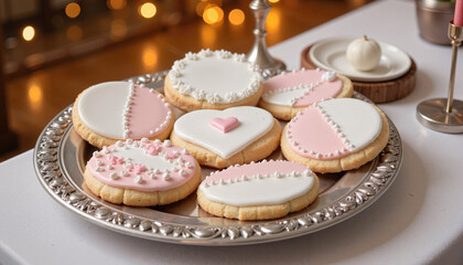 Pastel heart cookies with icing on silver platter for Valentine&rsquo;s