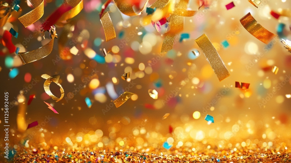 Poster Falling confetti and curling ribbons create a joyful atmosphere against a shimmering golden backdrop, perfect for New Year festivities. Generative AI