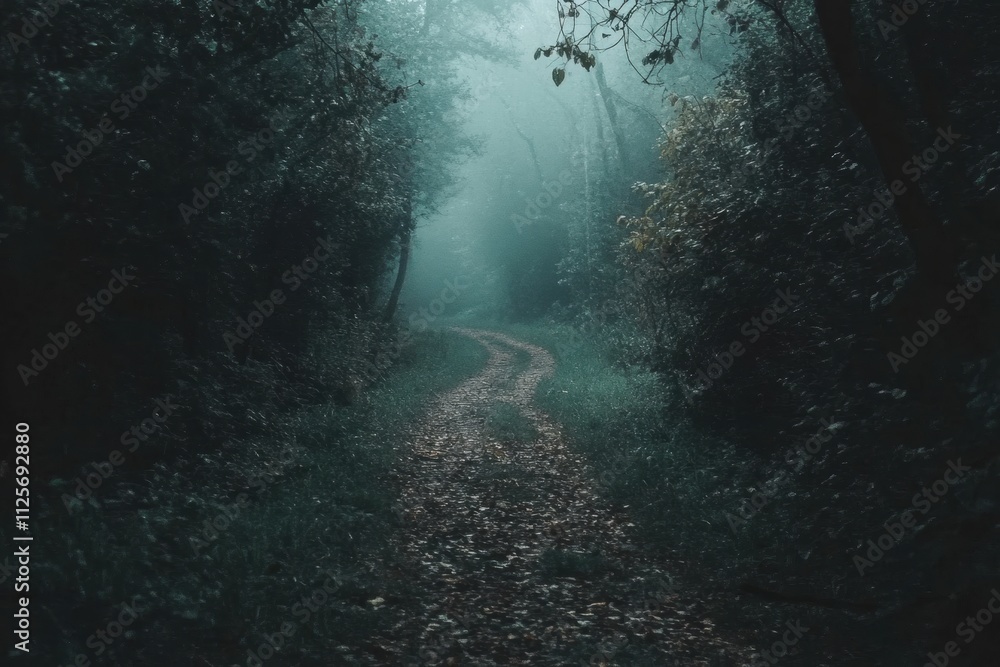 Poster A tranquil pathway curves through a misty forest, leading into the depths of dense woods, perfect for creating peaceful narratives. Generative AI