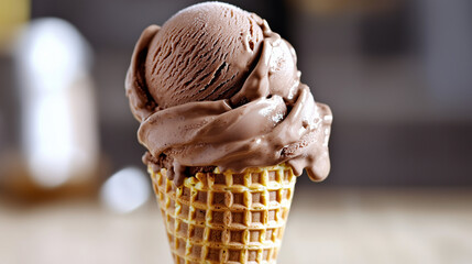 A luscious scoop of chocolate ice cream in a crispy waffle cone
