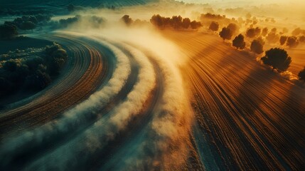 Fototapeta premium Aerial view of winding dirt road through a golden sunrise landscape.