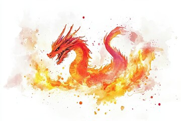Naklejka premium Fiery Dragon Emerging From Blazing Watercolor Flames