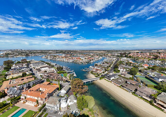 Luxury waterfront homes along canals in Newport beach in Orange County, Southern California