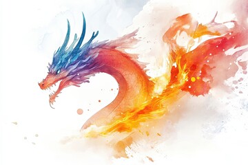 Fiery Dragon Watercolor Painting Artistic Creature Mythological Beast