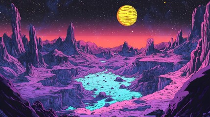 Fototapeta premium Surreal alien landscape with vivid colors, featuring towering mountains and a glowing lake.