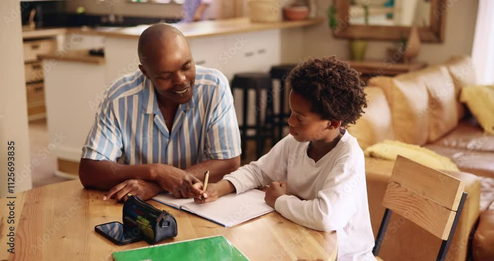 Poster father, son and help with homework in home for education, learning and support with care. black fami