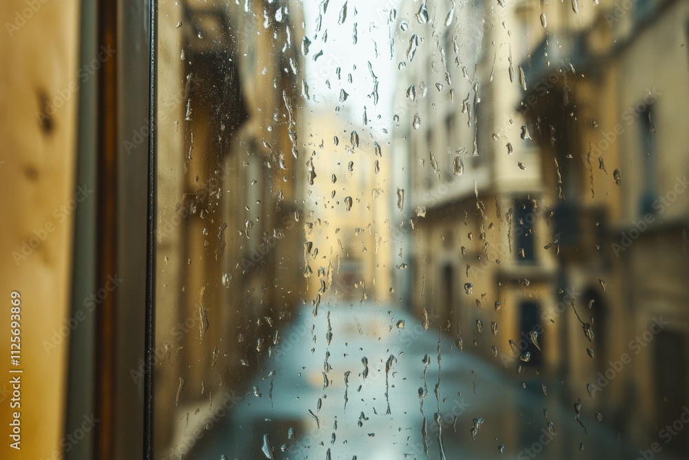 Leinwandbilder Raindrops cling to the glass, creating a blurred view of an empty street during a rainy day, ideal for adding customized text. Generative AI