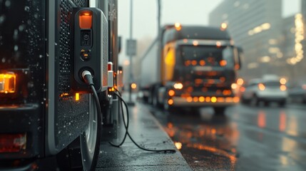 Electric truck charging amid rainy urban landscape a glimpse into sustainable transport solutions