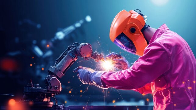 Robotic welding action industrial workshop technology showcase dark environment close-up view innovation in manufacturing