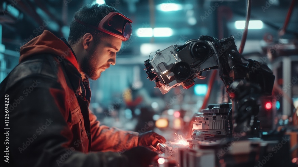 Poster technician operating advanced robotics in industrial workshop manufacturing facility action scene di
