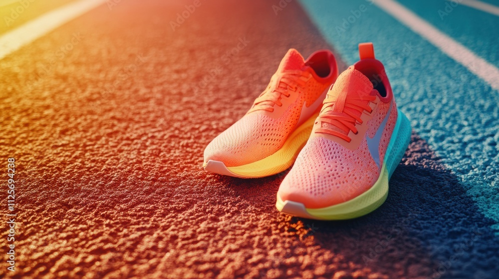 Leinwandbilder bright running shoes are positioned strategically on a track, showcasing a vivid color palette and i
