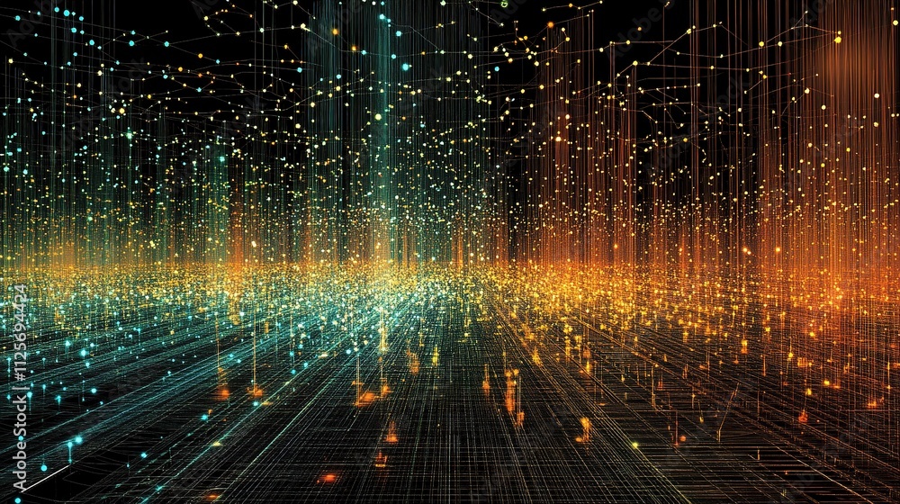 Poster abstract glowing grid with lines and dots in vibrant colors