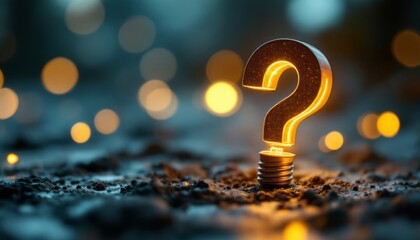 Focused shot of a question mark integrated with a bulb, leaning against a light bulb, illuminated by a soft glow, the blurred environment emphasizes the idea of discovery and answers