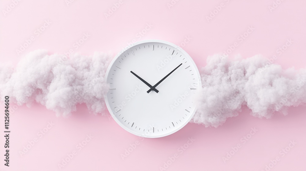 Poster minimalist clock on cloudy pink background symbolizing time and imagination